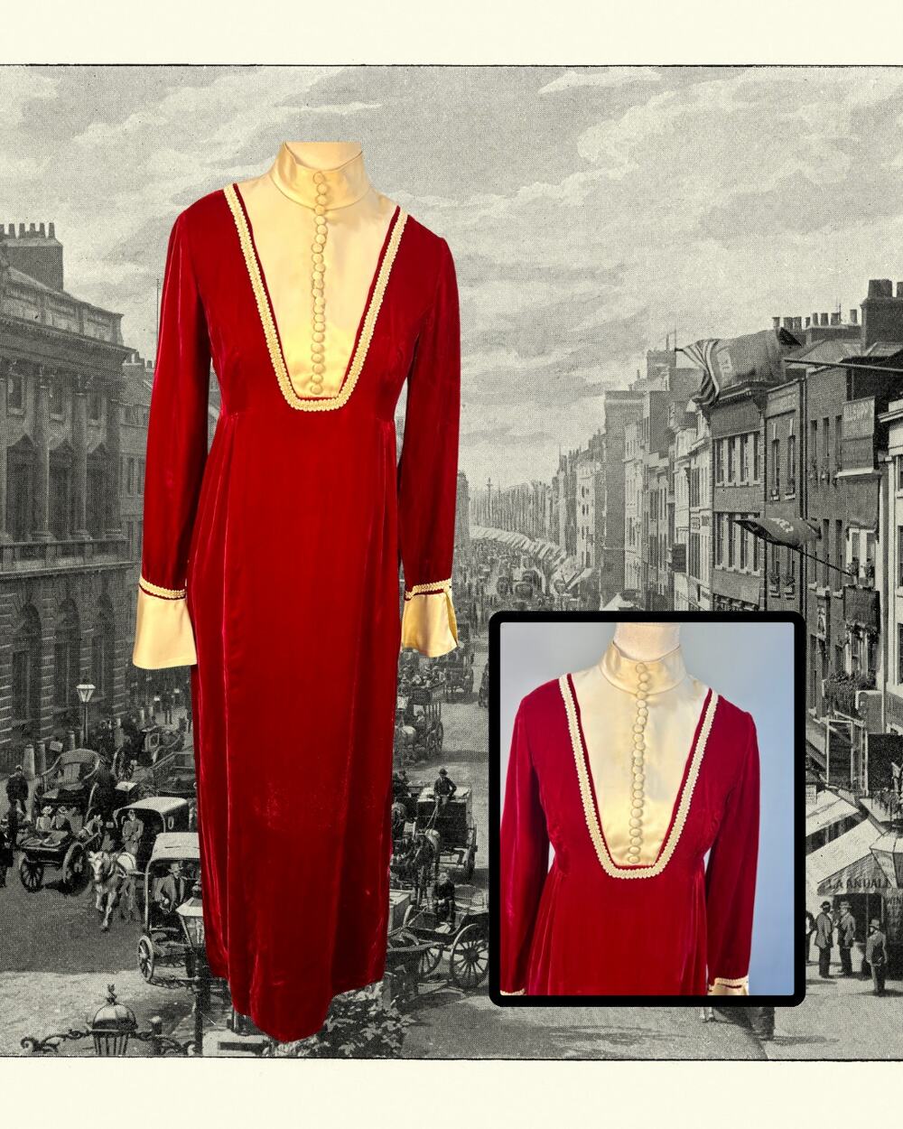 Vintage 60s Red Velvet Ivory Bib Collar High Waist Victorian Maxi Dress Size M